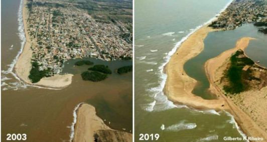 Avanço do mar em Atafona, São João da Barra. Mudanças na foz do rio Paraíba do Sul.